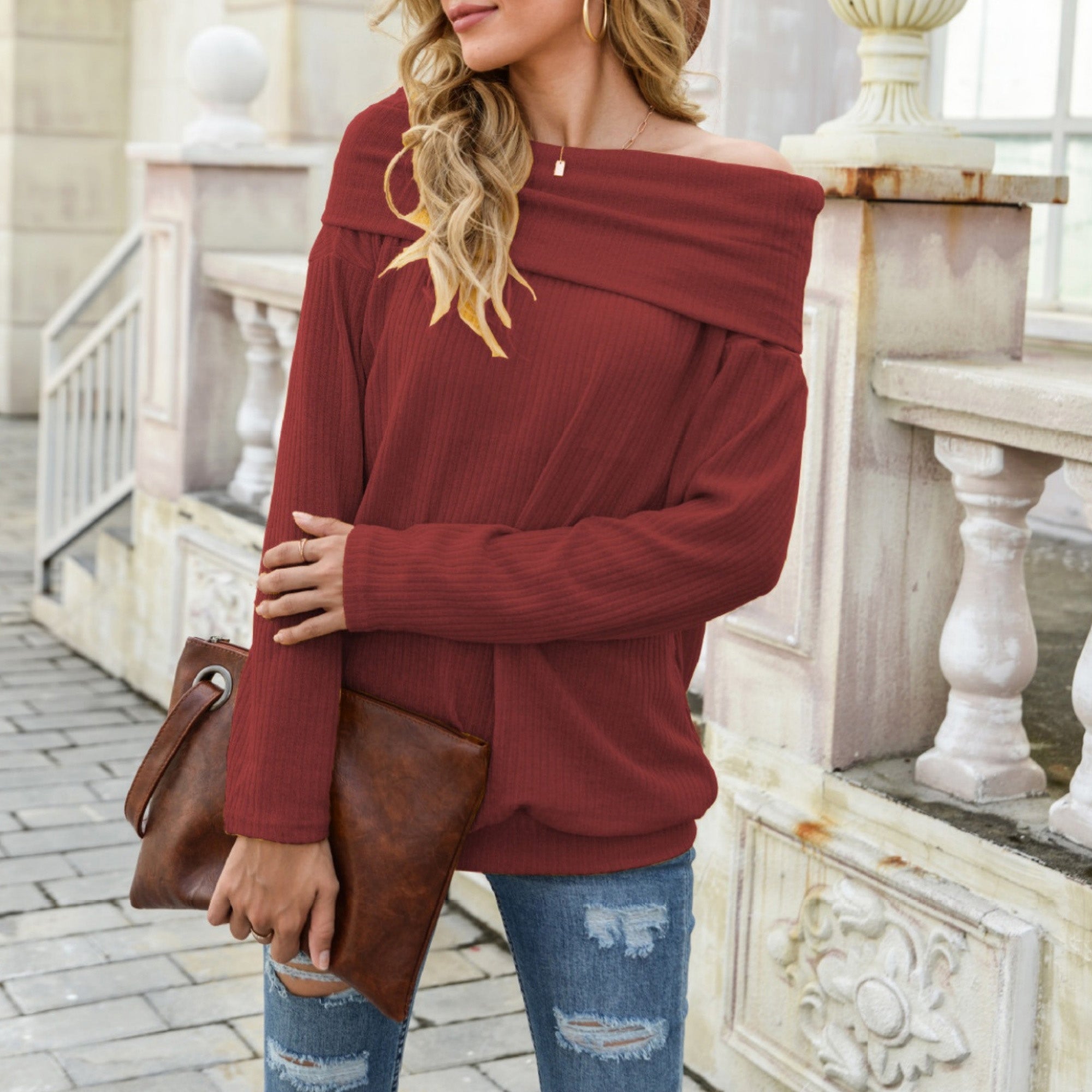 Off Shoulder Ribbed Knit Long Sleeve Pullover Top