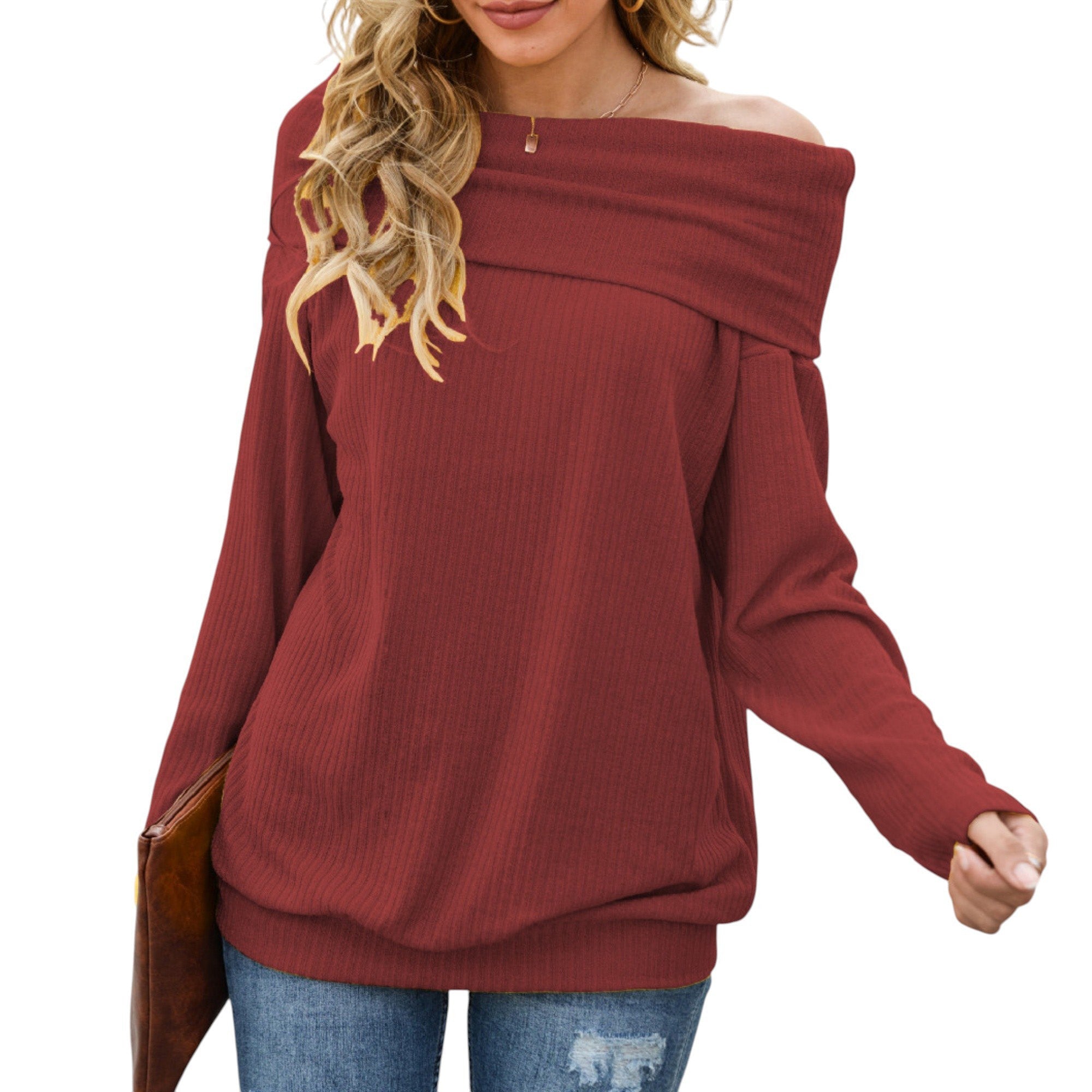 Off Shoulder Ribbed Knit Long Sleeve Pullover Top