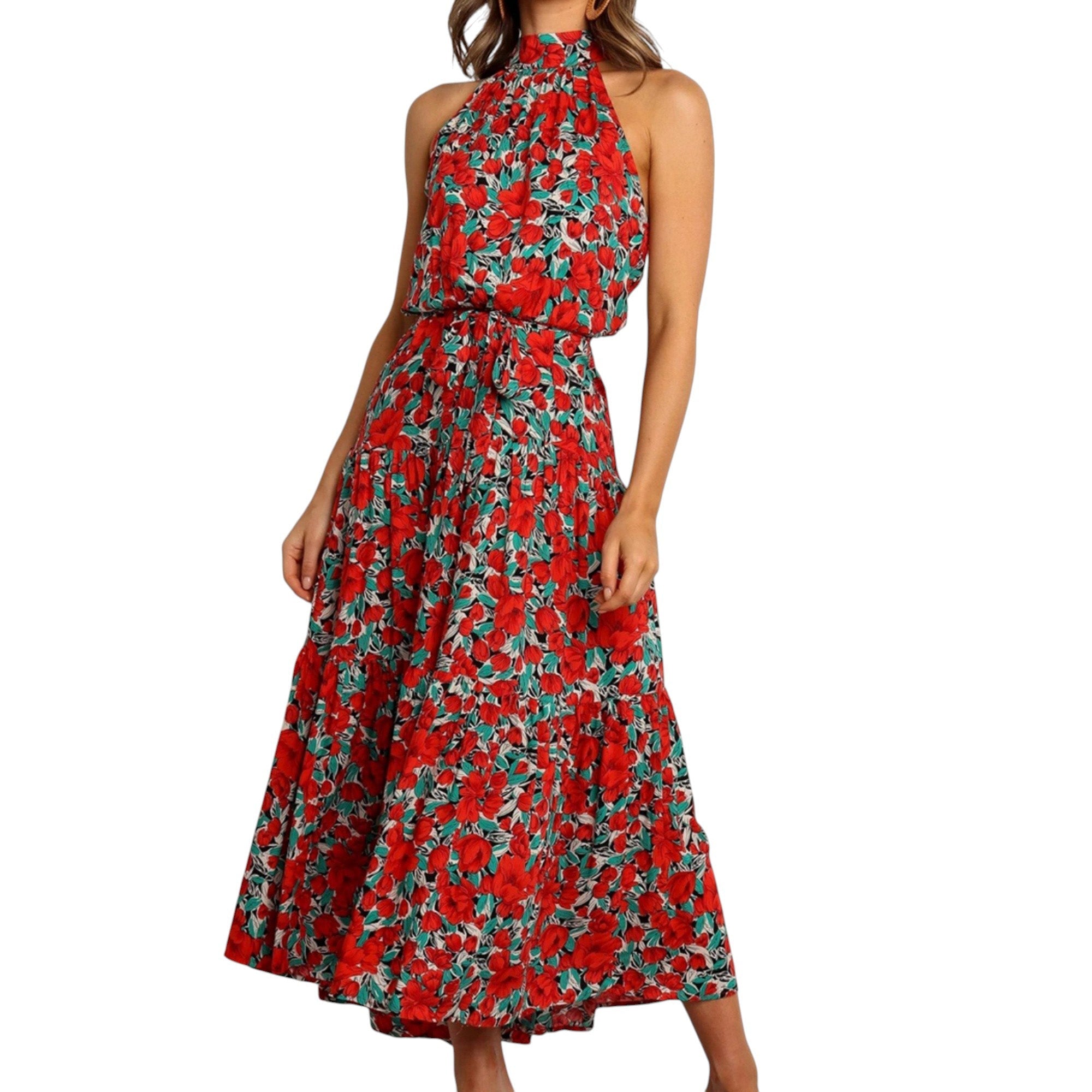 Halter Neck Floral Maxi Dress with Waist Tie and Flowing Skirt