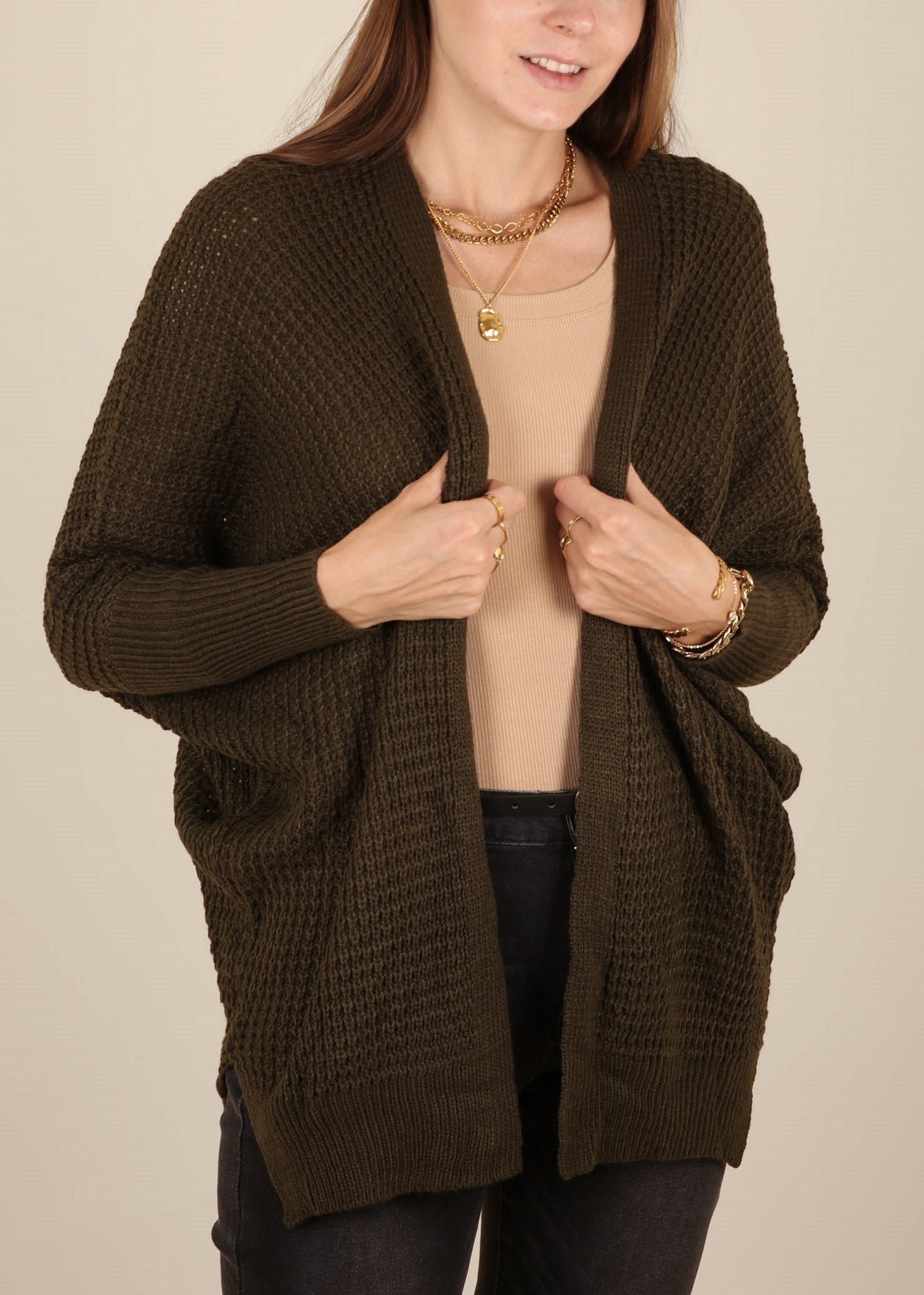 Waffle Knit Open Front Cardigan Sweater