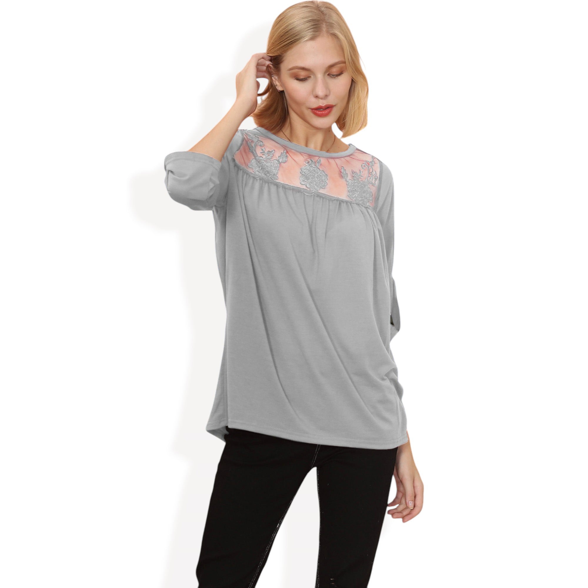 3/4 Sleeve Loose Fit Top with Sheer Floral Lace Yoke and Button Tab Sleeves