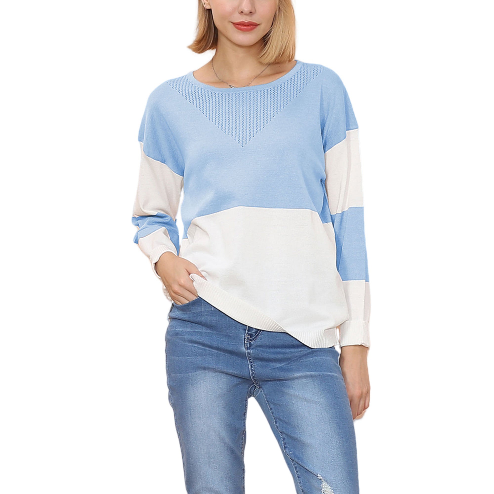 Long Sleeve Color Block Pullover Top with Ribbed Crew Neck and Relaxed Fit