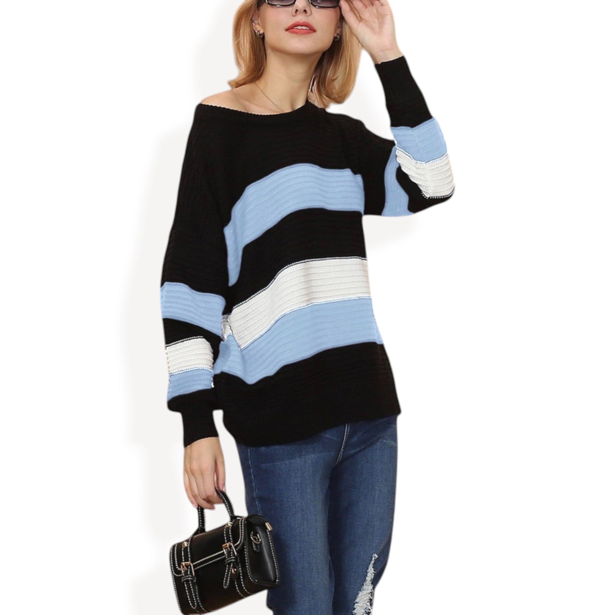 Long Sleeve Pullover Knit Sweater with Bold Wide Stripe Pattern and Relaxed Fit
