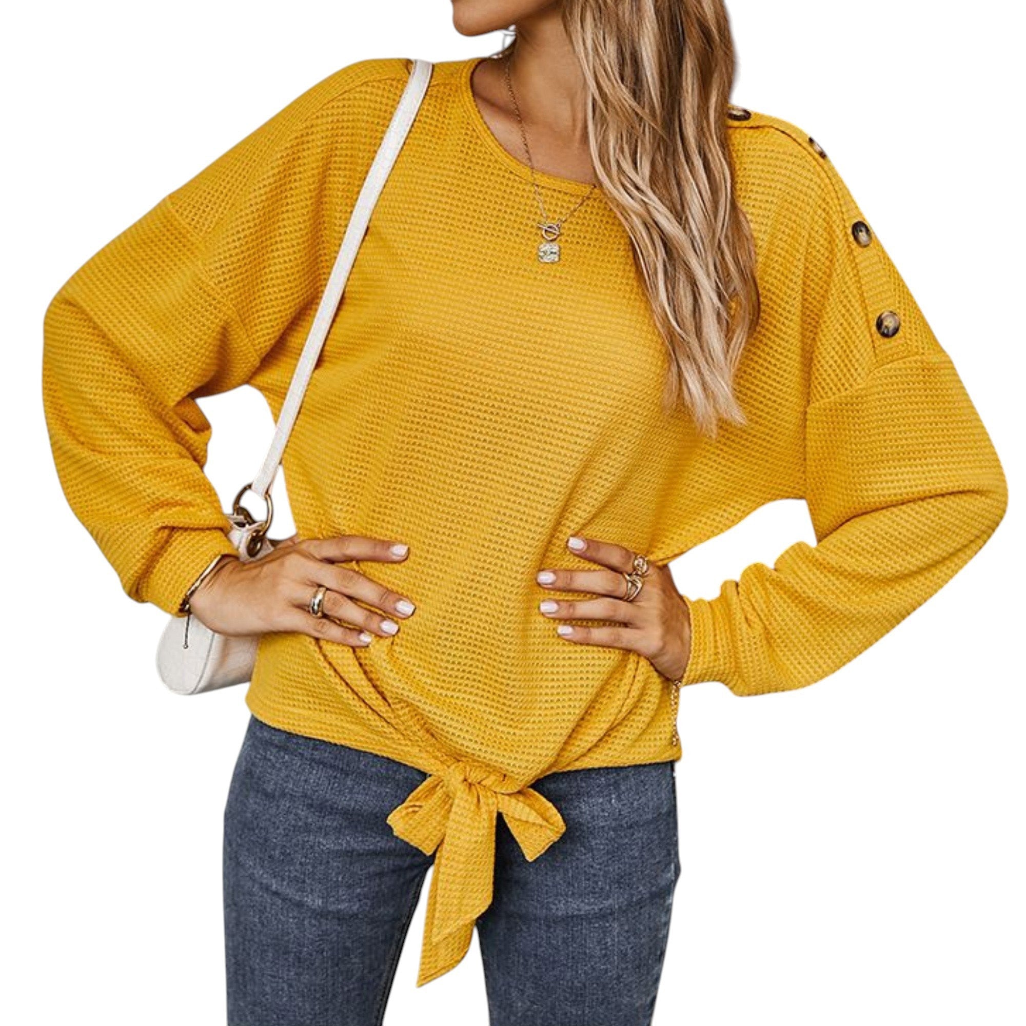 Long Sleeve Waffle Knit Pullover Top with Shoulder Button Detail and Front Tie Hem