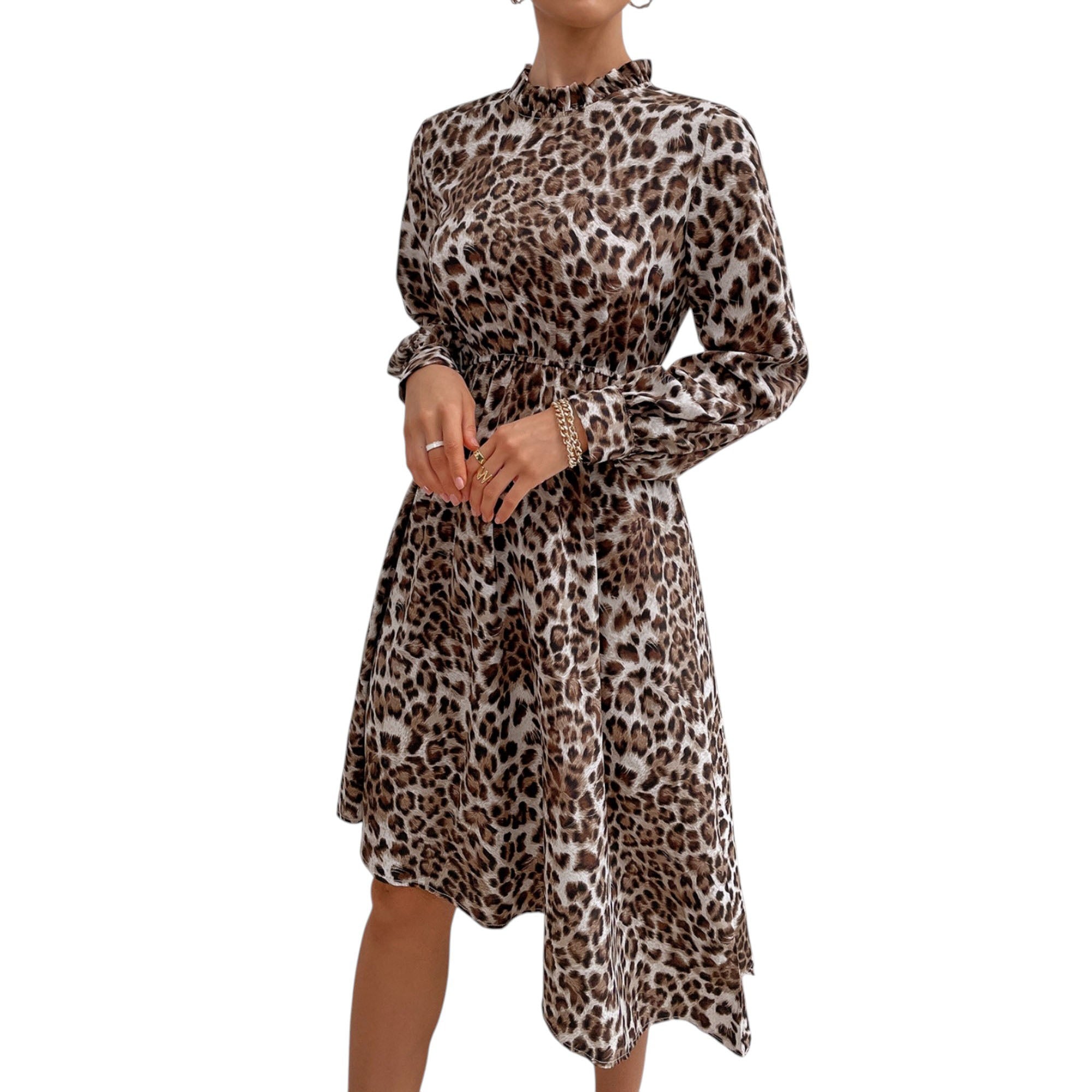 Long Sleeve Leopard Print Midi Dress with High Neckline and Asymmetrical Hem