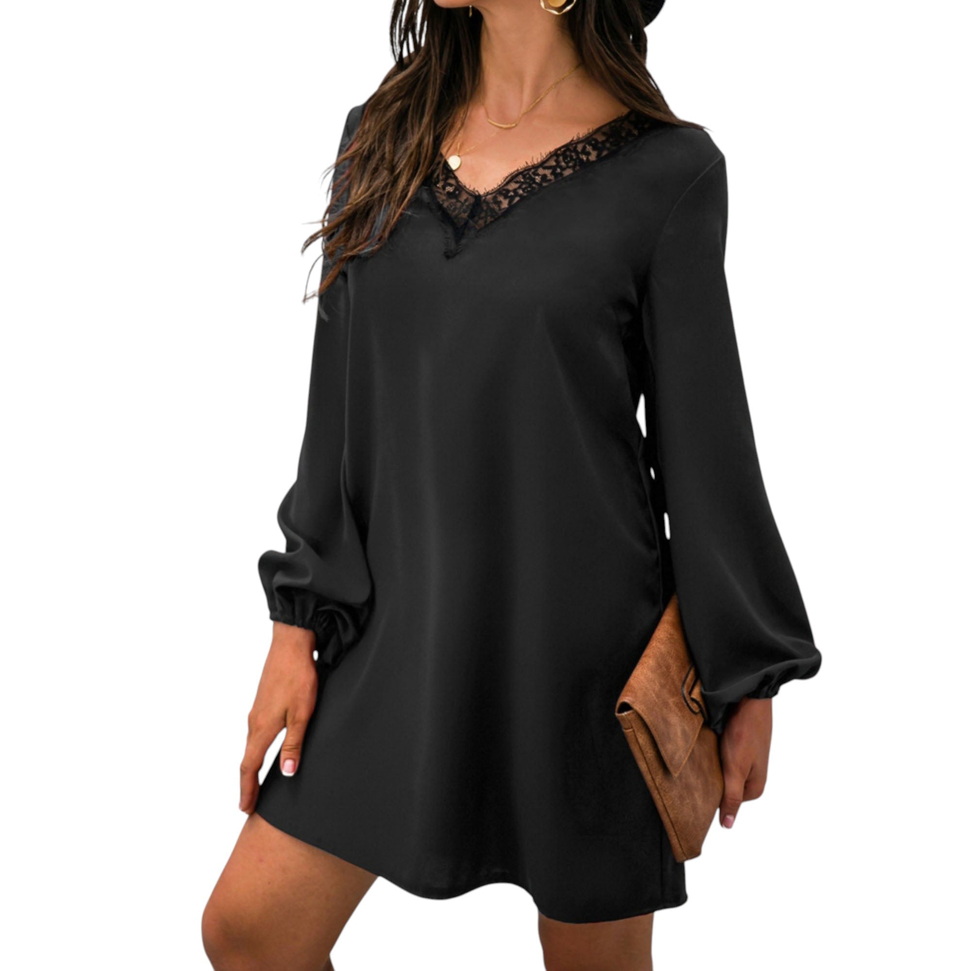 Long Sleeve Mini Shift Dress with V-Neckline and Lace Trim Detail