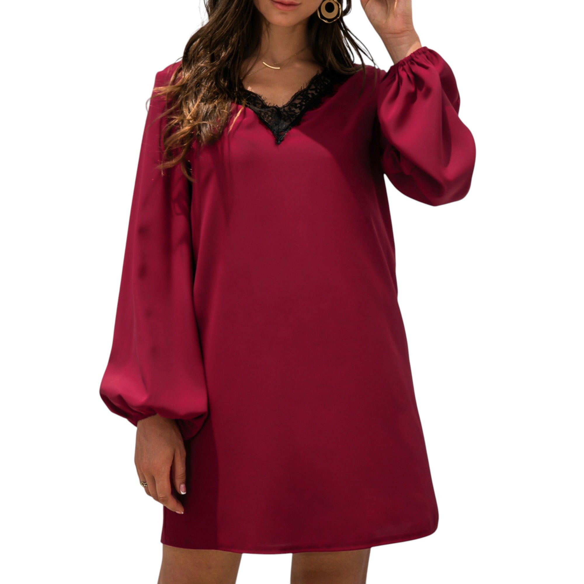 Long Sleeve Mini Shift Dress with V-Neckline and Lace Trim Detail
