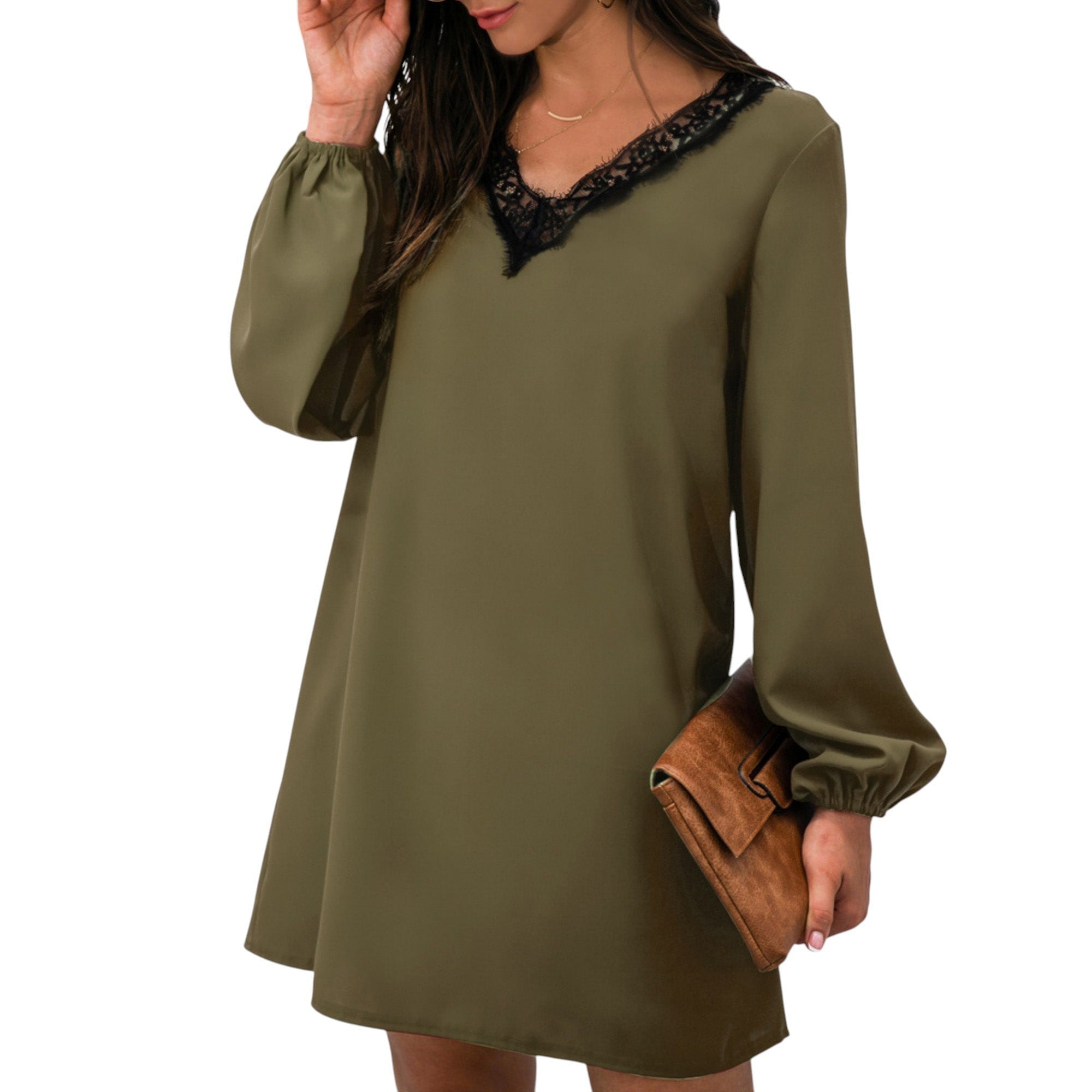 Long Sleeve Mini Shift Dress with V-Neckline and Lace Trim Detail
