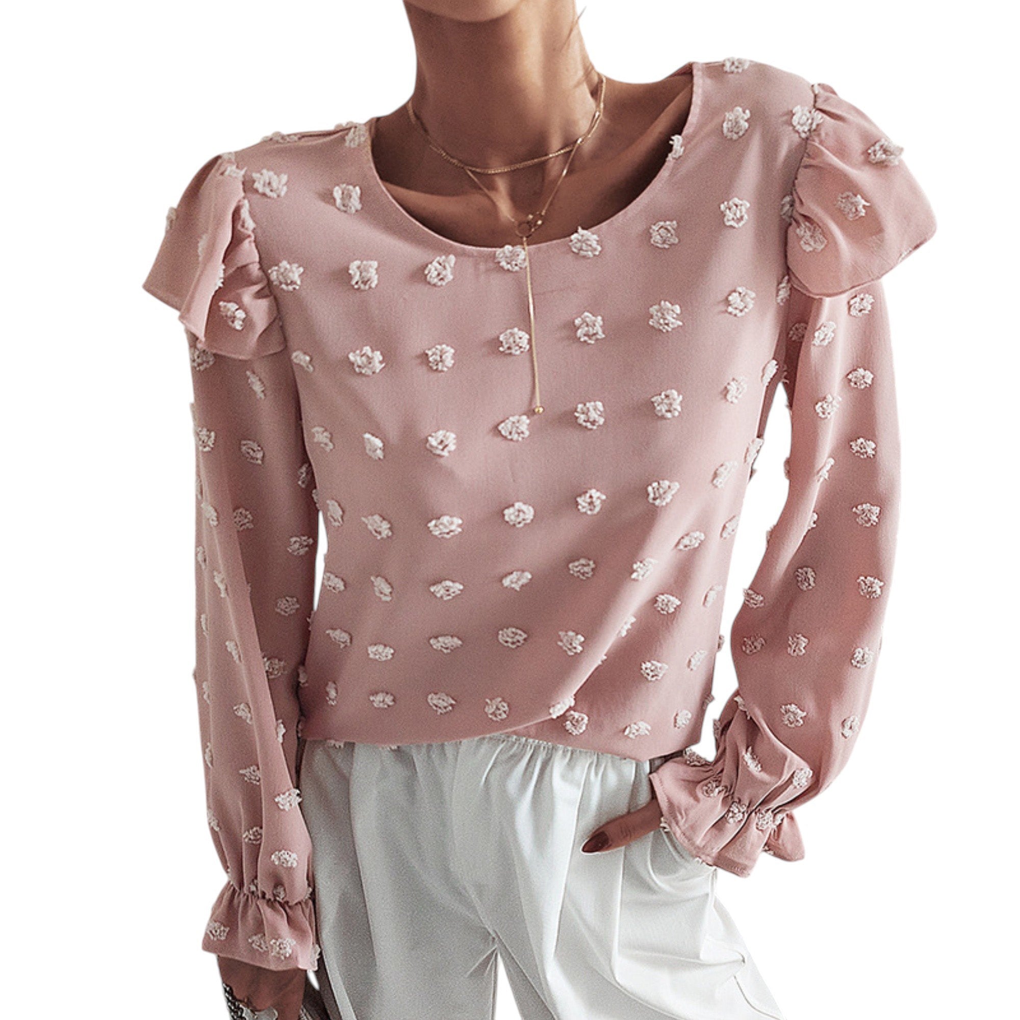 Long Sleeve Textured Blouse with Raised Floral Details and Shoulder Ruffle Accents