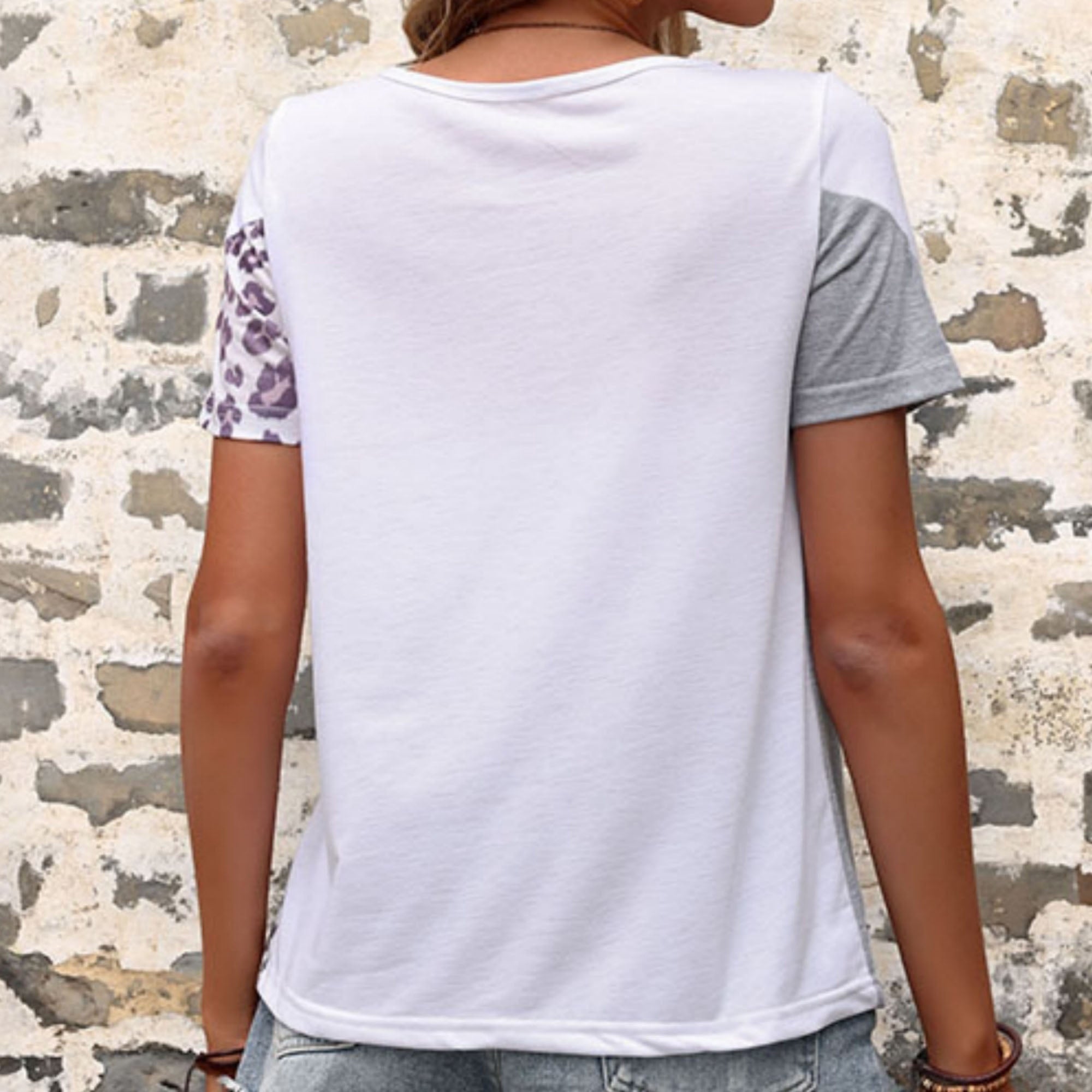 Short Sleeve Color Block Leopard Print Patchwork Casual T-Shirt
