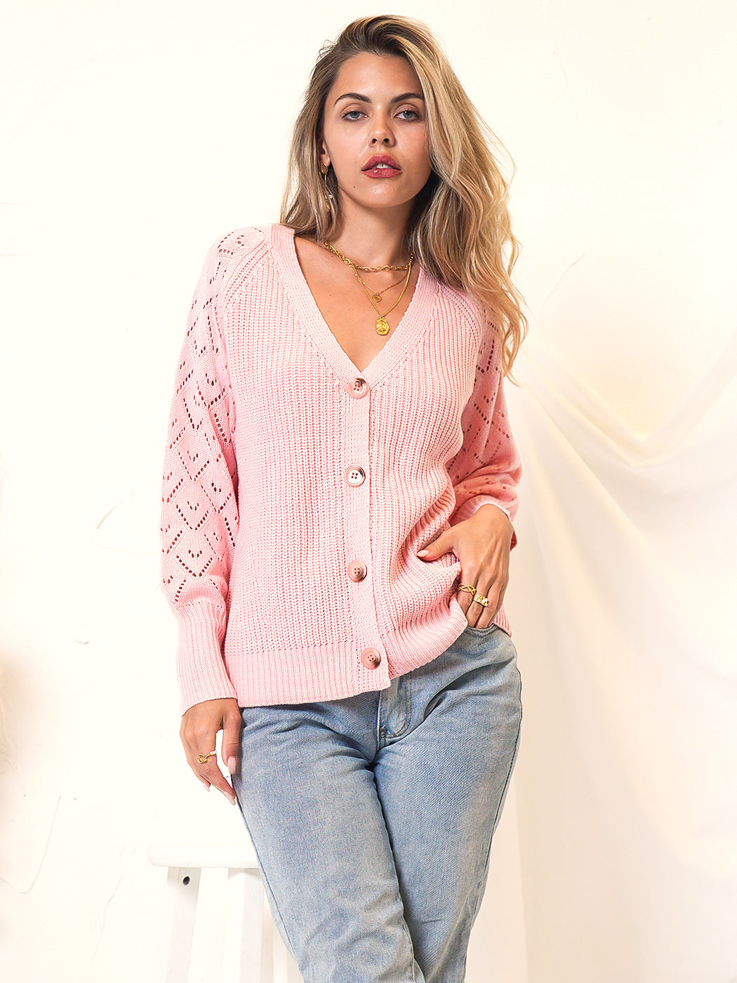 Patterned Knit Bishop Sleeve Cardigan