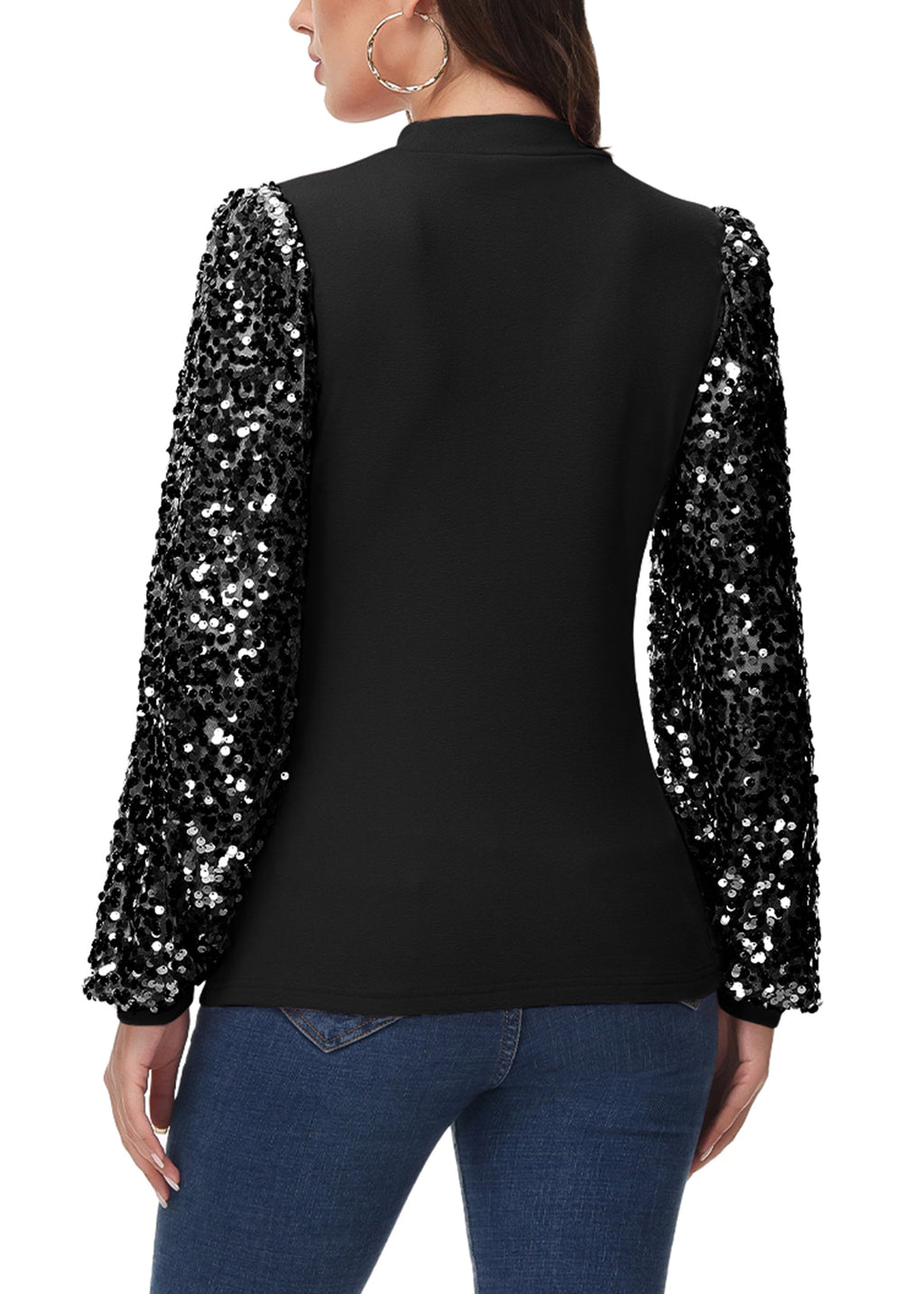 Sequin Balloon Long Sleeve Mock Neck Pullover