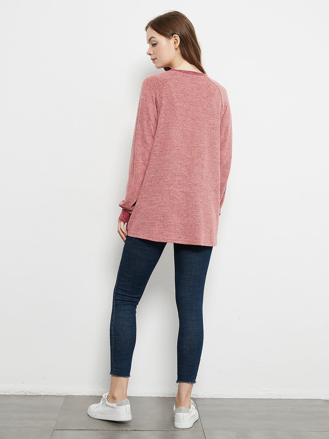 Long Sleeve Round Neck Casual T Shirts Blouses Sweatshirts Tunic Tops with Pocket