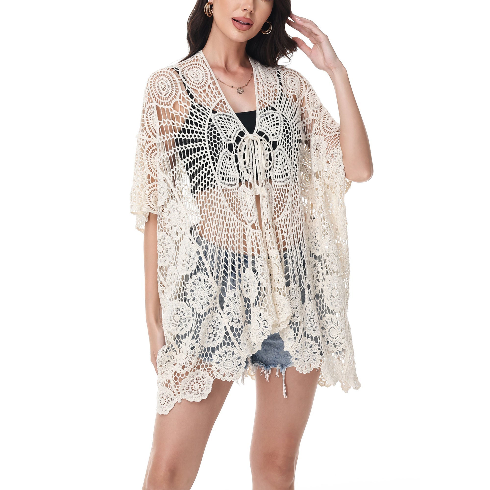 Open Front Crochet Cover-Up with Floral Pattern and Short Sleeves