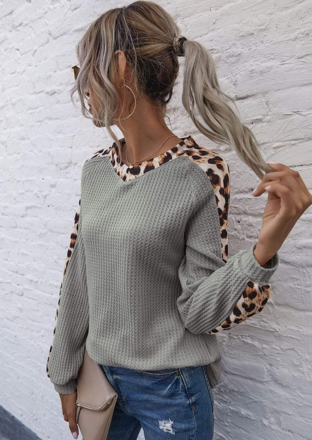Leopard Panel Waffle Knit V Neck Sweater