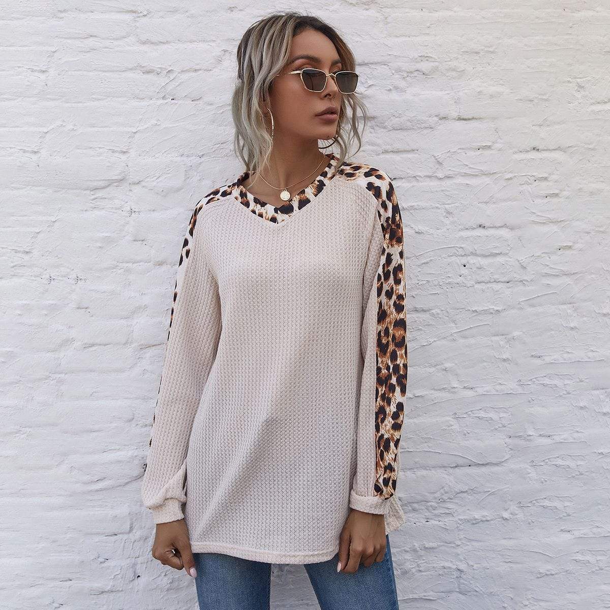 Leopard Panel Waffle Knit V Neck Sweater