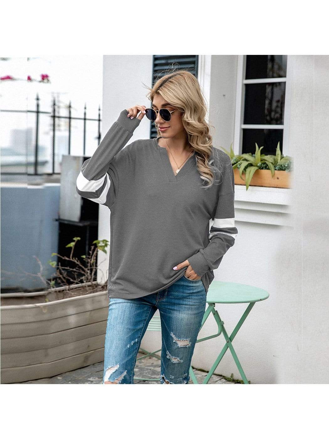 V Neck Striped Sleeve Sweater