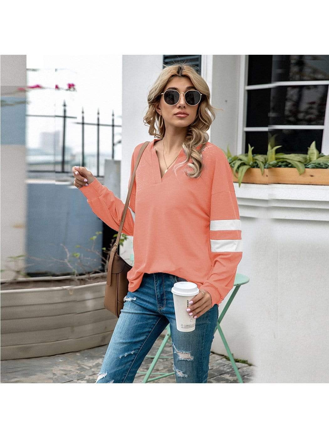 V Neck Striped Sleeve Sweater